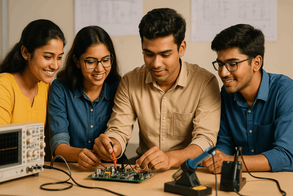 Electrical Electronics Engineering Polytechnic Diploma Electrical & Electronics Engineering diploma students collaborating on a circuit-board project in a college lab.
